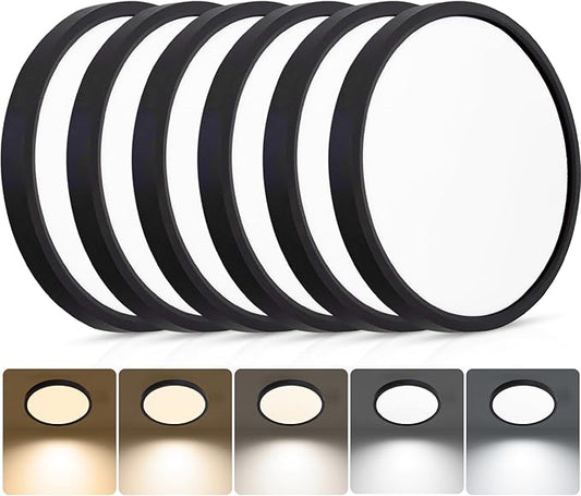 6Pack 9 Inch 2160LM Flush Mount Ceiling Light Fixtures, 2700K 3500K 4000K 5000K 6500K Selectable, 180W Equivalent Close to Ceiling Flat LED Lights for Bedroom Kitchen Hallway Closet,Black
