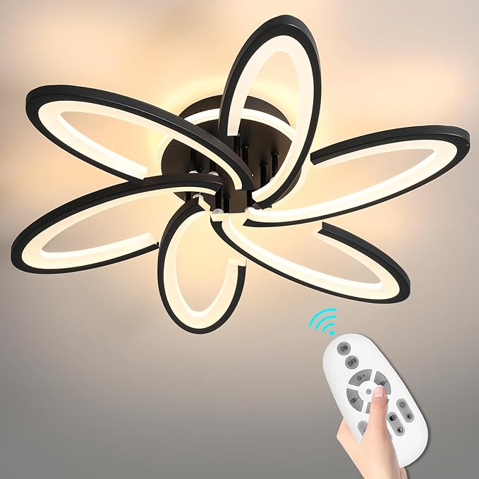 Modern LED Ceiling Light, 6+1 Rings 93W Dimmable Ceiling Light Fixtures 29.5" 3000K-6500K Flush Mount Black Flower Ceiling Lamp with Remote for Living Room,Bedroom,Kitchen