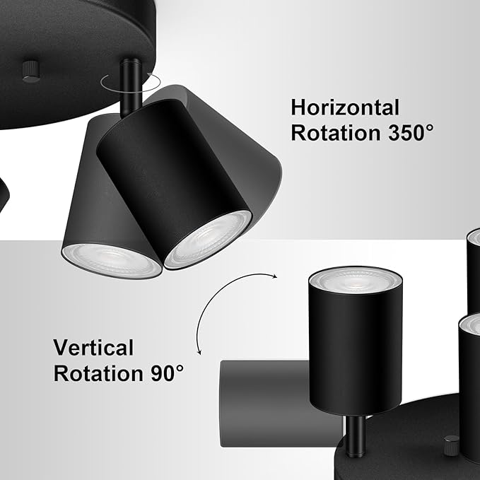 4 Light Track Lighting Fixtures Ceiling, Matte Black Round Directional Ceiling Spotlight, GU10 Flush Mount Track Fixture, Adjustable Modern LED Track Lights for Kitchen/Living Room, Bulb Not Included