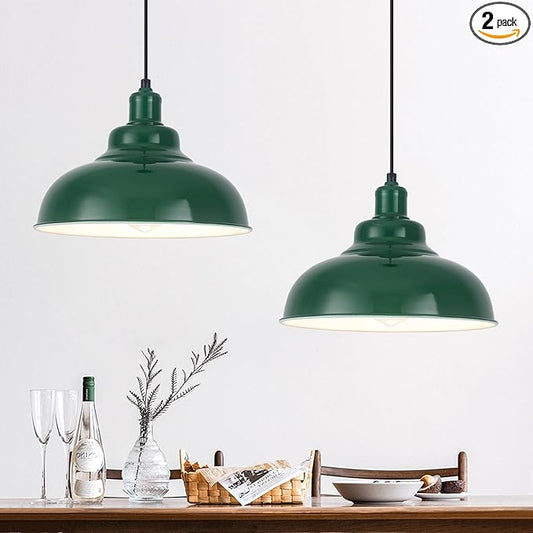 Green Pendant Light, Modern Pendant Light, 11.4in Farmhouse Pendant Lights Kitchen Island 2 Pack, Adjustable Height, Industrial Pendnat Lighting for Dining Room, Living Room, Hallway