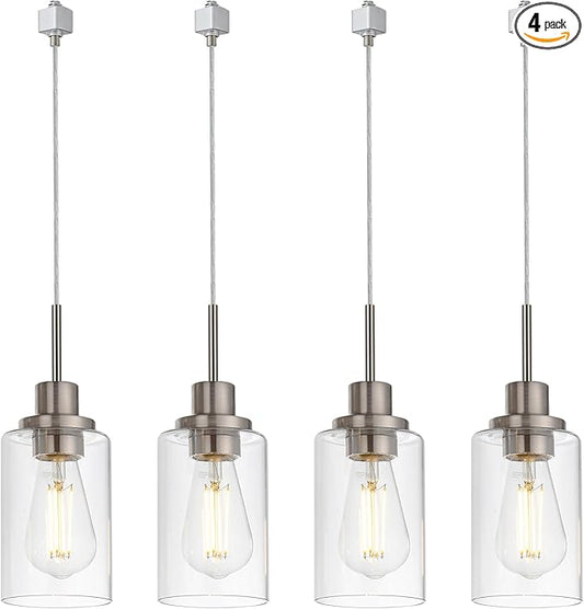 MELUCEE 4 Packs H Track Pendant Lighting Brushed Nickel Ceiling Hanging Lamp Track Lighting Fixtures Pendant with Clear Glass Shades, Compatible with H Type Track Lighting Rail, E26 Socket