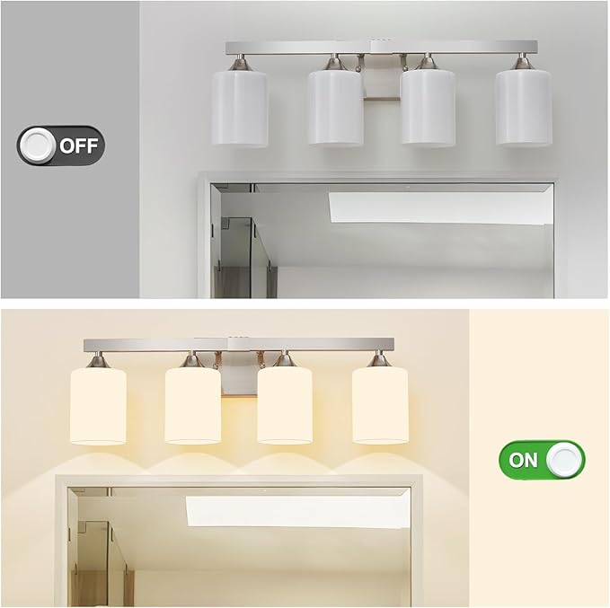 ZHU YAN Brushed Nickel Vanity Lights,4-Light Bathroom Light Fixtures,Milky White Glass Shades Wall Lamp,E26 Socket Vanity Lights Fixtures,Bathroom Lighting Fixtures Over Mirror