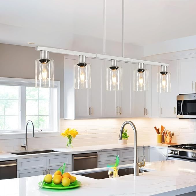 Brushed Nickel 5-Light Kitchen Island Lighting with Clear Glass Shades, Adjustable Island Light for Kitchen, Dining Room Light Fixture Over Table, Kitchen Pendant Lighting for Kitchen Island