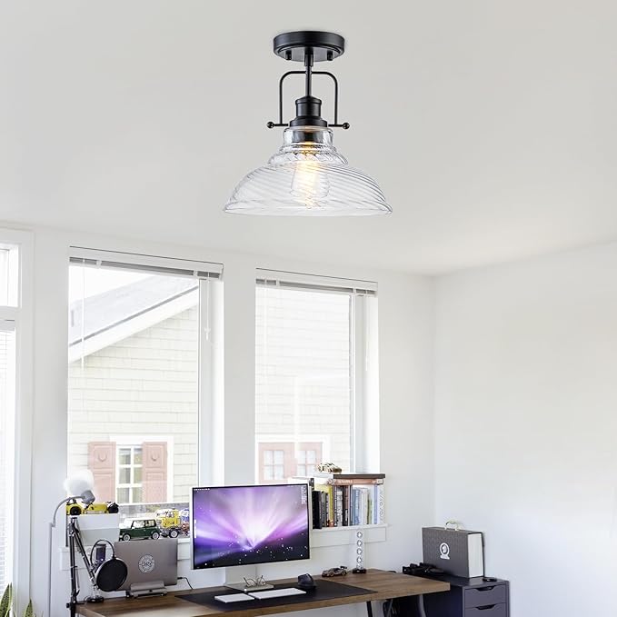 WILON Flush Mount Ceiling Light, Black Farmhouse Ceiling Light with Striped Clear Glass Shade, Light Fixtures for Dining Room Ceiling, Semi Flush Mount Ceiling Lights for Kitchen Entryway