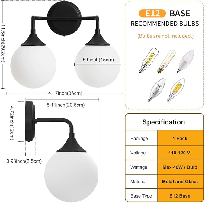 Black Bathroom Light Fixtures, Modern Vanity Lighting Over Mirror, Mid Century Modern Matte Black Wall Sconce 2-Light with Milky White Glass Ball Shades