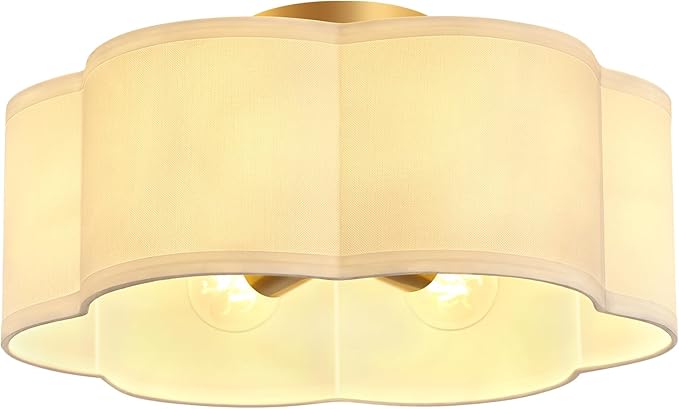 Gold 6-Light Semi Flush Mount Ceiling Light, White Fabric Close to Ceiling Light Fixtures, Clover Drum Ceiling lamp