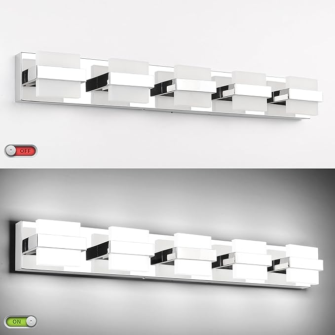 SOLFART Chrome Bathroom Light Fixture, 5 Light LED Vanity Lights Over Mirror, Lights for Bathrooms,5 Color Temperature Adjustable Vanity Lights for Bath Nickel