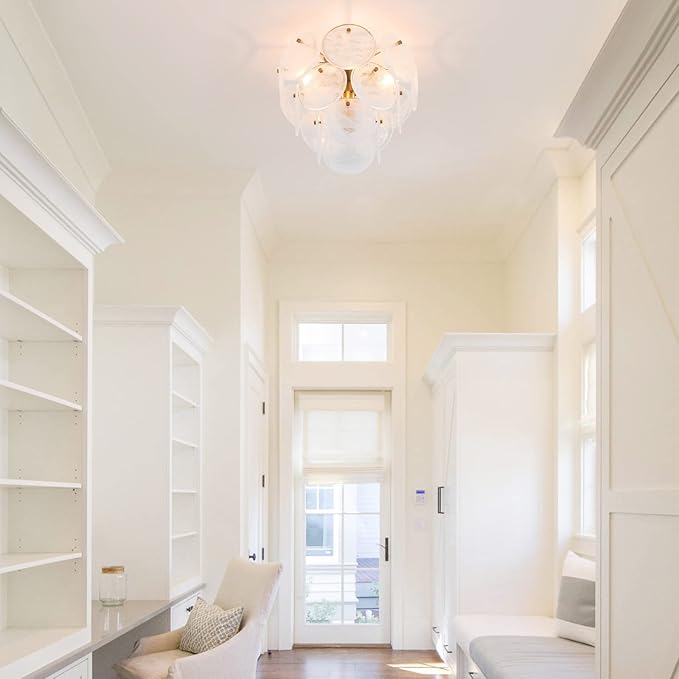 Modern Flush Mount Glass Ceiling Light, Gold Hallway Lights Vintage Chandelier, 4-Light Unique Light Fixture for Bedroom Entryway Loft Kitchen Laundry Bathroom Farmhouse