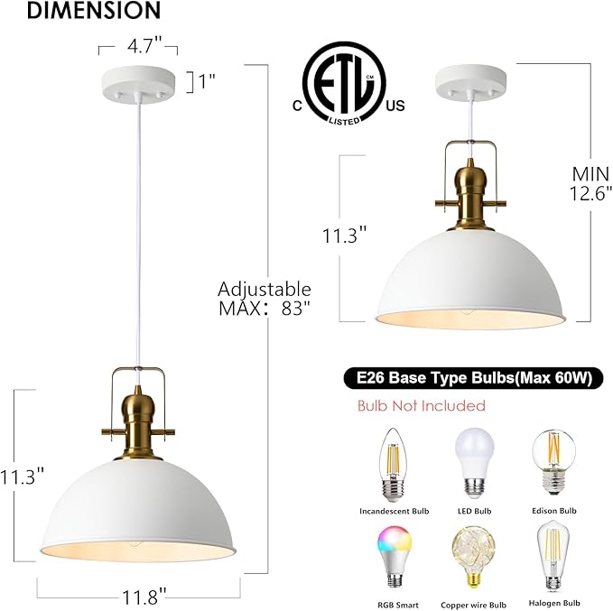 12 Inch Sandy White Farmhouse Pendant Lights for Kitchen Island Industrial Adjustable Height Vintage Dome Hanging Light Fixtures for Barn,Dining Room 2 Packs