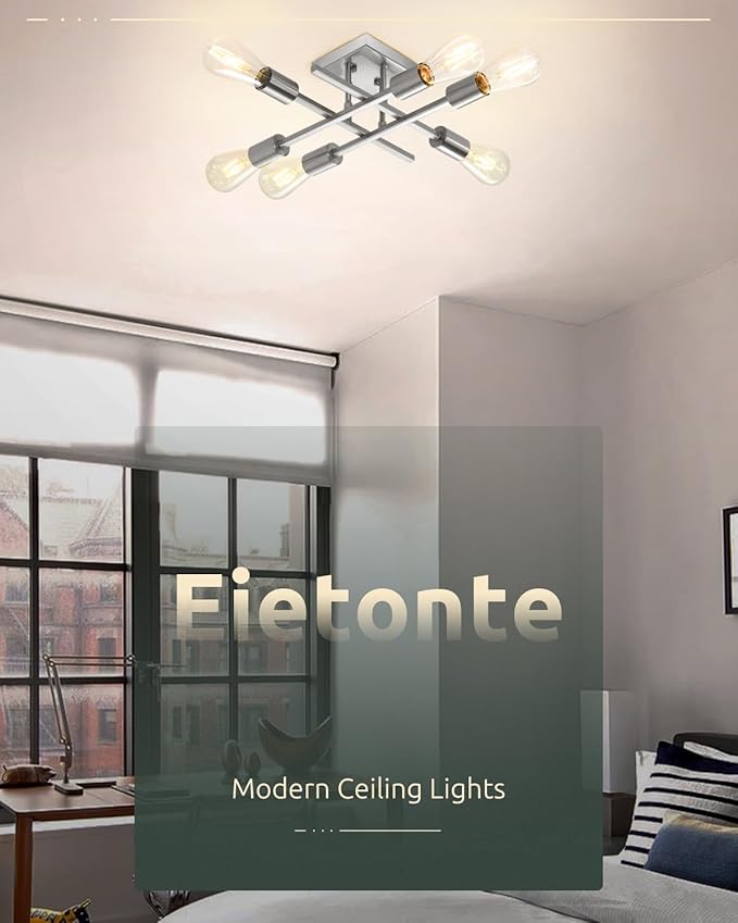 6-Light Semi Flush Mount Ceiling Light Fixture, Industrial Brushed Nickel Close to Ceiling Lighting, Modern E26 Base Sputnik Chandelier Ceiling Lamp for Kitchen Bedroom Living Room Hallway