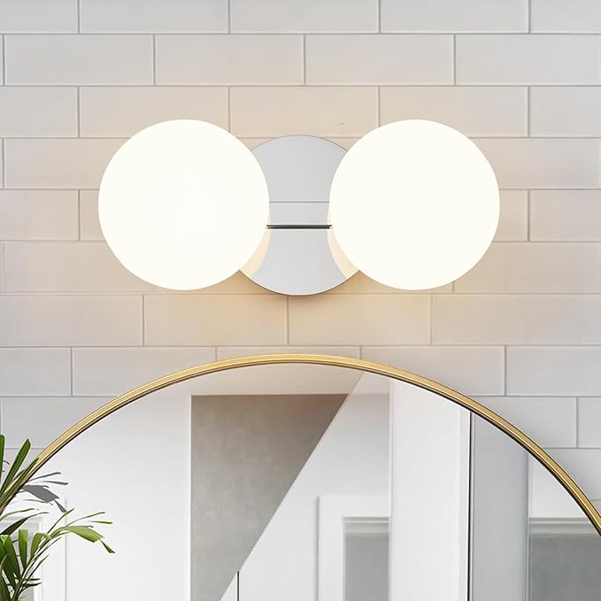 Globe Bathroom Vanity Light Fixtures: Chrome Wall Scones With 2 Milk Glass Shade - Modern Makeup Lighting Fixture over Mirror - Brass Ball Powder Room Vanities Lights for Hallway Bedroom Bulb Excluded
