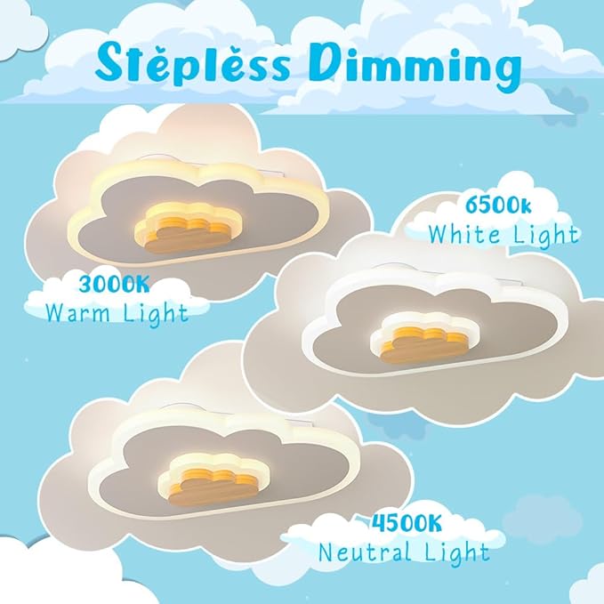 LED Ceiling Light 26W Wood Cloud Cartoon Kids Ceiling Light 19.68in Kids Room Light fixtures Ceiling Mount 3000-6500K with nightlight Ceiling Lamps for bedrooms Girl Boy Nursery Toys Room