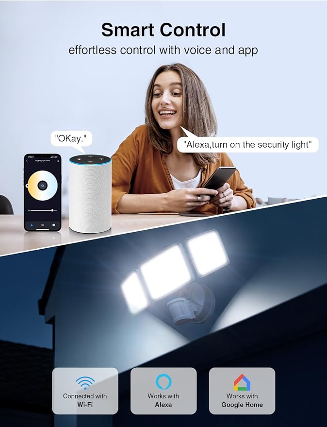 Onforu 100W 9000LM Smart LED Security Lights Motion Sensor Outdoor,WiFi Alexa Flood Light APP Control, 2500K-6500K, Motion Detector with Adjustable 3 Head, IP65 Wall Light for Yard (White)