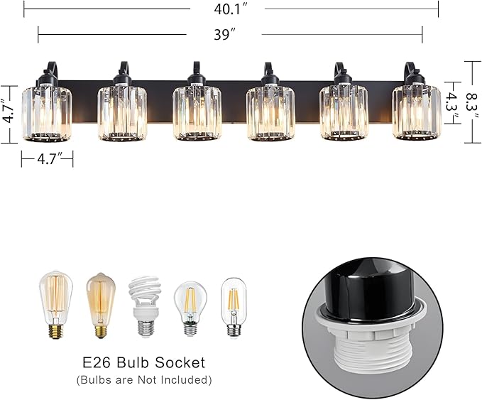Black Crystal Bathroom Vanity Lights Fixtures 6 Light Over Mirror Modern Matte Black Bath Wall Lights with Round Shade (Exclude Bulb)