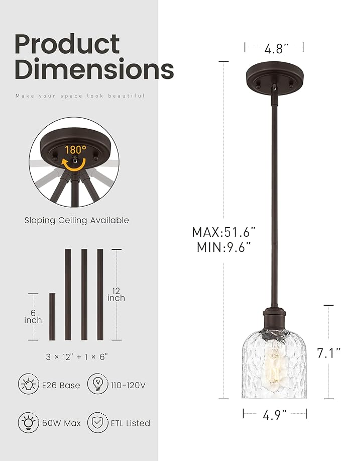 zeyu Bronze Adjustable Pendant Lighting, 2 Pack Hanging Kitchen Lights, 1-Light Farmhouse Glass Pendant Light with Clear Hammered Glass, Oil Rubbed Bronze Finish, ZJF63MIL-2PK ORB