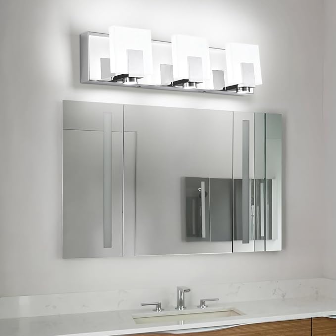 SOLFART Bathroom Vanity Lights Over Mirror 3 Lights Modern Chrome Bath Light Fixtures Stainless Steel Acrylic Shade