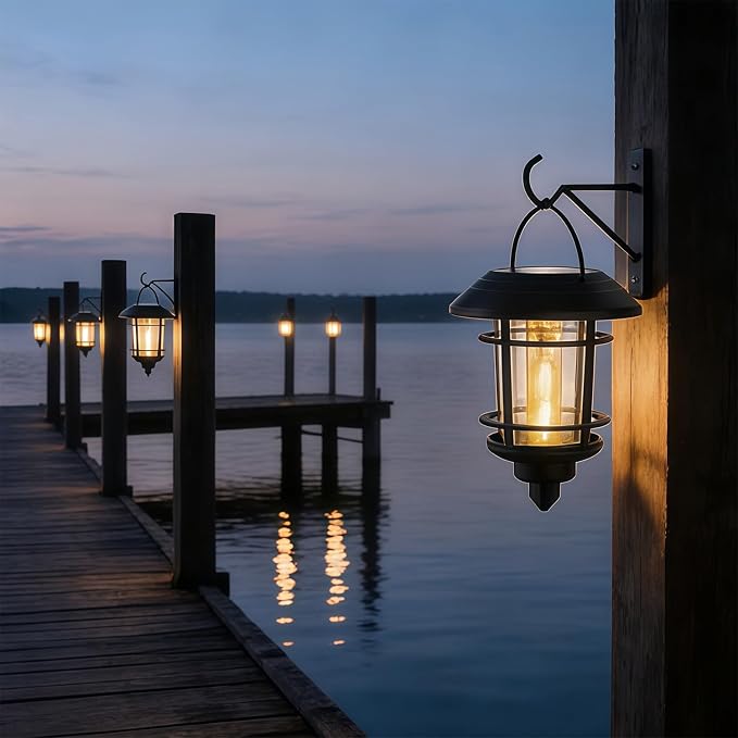 Dynaming 2 Pack Solar Lanterns Outdoor, Hanging Lantern Solar Garden Lights with Edison Bulb, Wall Mounted LED Light Auto On/Off, Waterproof for Garage Stair Patio Front Porch Yard, Warm White