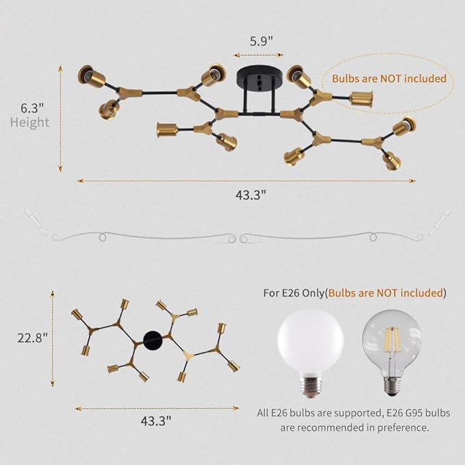 Modern Mid Century Gold and Black Sputnik Semi Flush Mount Ceiling Lighting Fixture for Living Room Dining Room Bedroom Kitchen Island Office, Minimalist Metal 10 Light Chandelier
