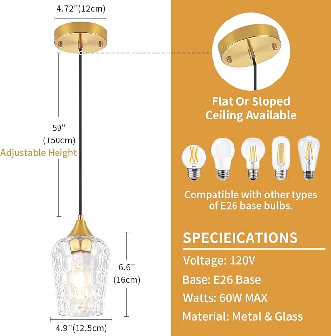3 Pack Gold Pendant Lights Kitchen Island, Hammered Glass Pendant Lighting Over Island, Modern Hanging Kitchen Light Fixtures Over Sink Adjustable Mini Pendant Light for Bathroom Hallway Dining Room