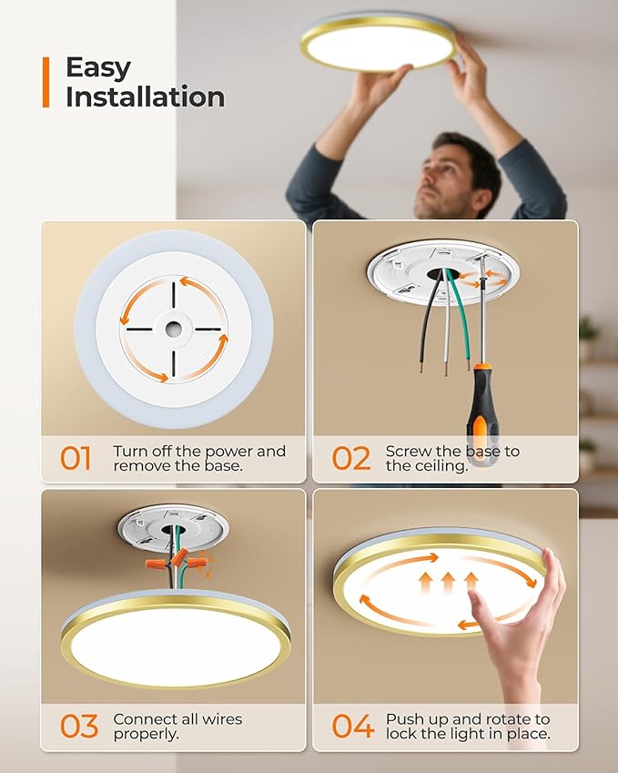 Matane 12 Inch LED Flush Mount Ceiling Light Fixture with Night Light, 24W 2400LM 3000K/4000K/5000K Selectable, Dimmable Ceiling Lights for Bedroom, Dining Room, Kitchen, Round Gold