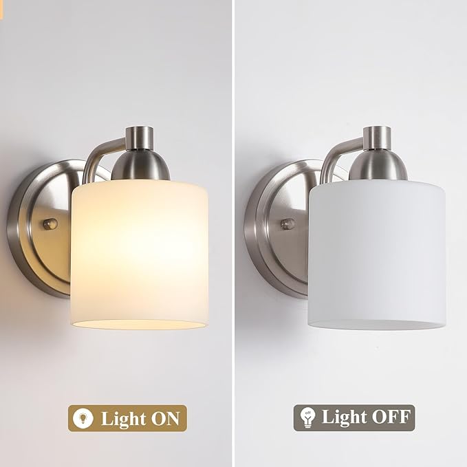 Mecgirn Brushed Nickel Milk Glass Wall Sconces, 1 Pack Hardwired Indoor Wall Light Fixtures for Living Room, Hallway, Bedroom, Ceramic E26 Sockets (Bulbs Not Included)