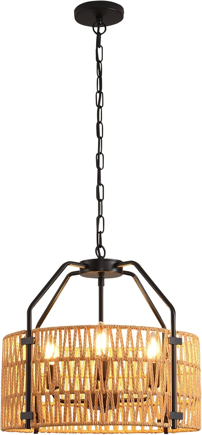 lobolighting 4-Light Rattan Chandelier Light Fixtures, 16.5" Boho Pendant Light with Hand Woven Drum Shade, Modern Farmhouse Chandelier for Dining Room Living Room Kitchen Island Bedroom