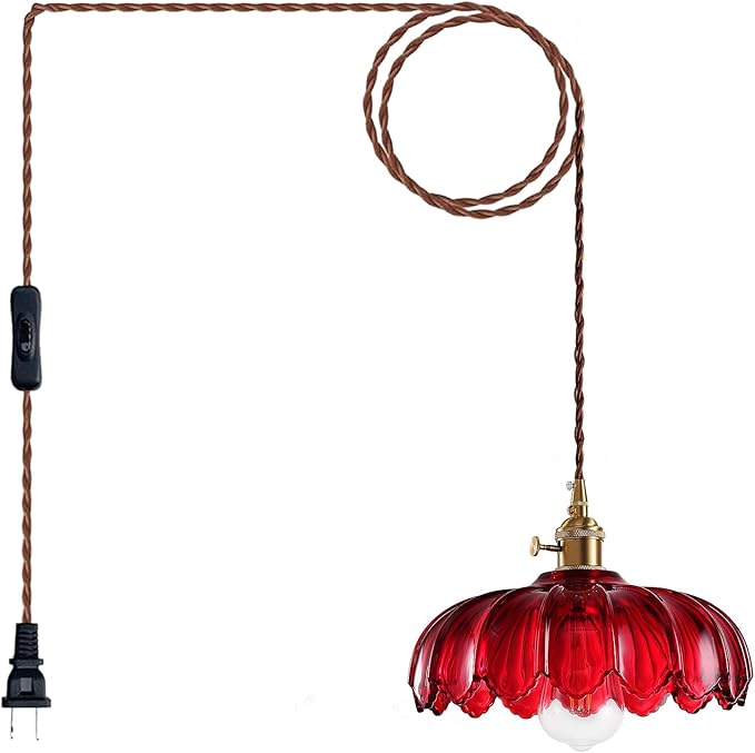 XZHGCEE Plug in Pendant Light: Hanging Light Plug in Red Glass Hanging Lamp, Pendant Lighting for Kitchen Island, Bedroom, Dining Room, Living Room, E26 No Bulb
