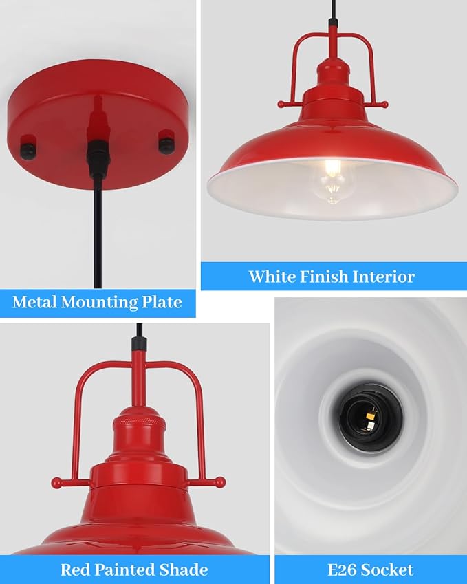 Farmhouse Pendant Lighting for Kitchen Island,Red Pendant Light with Handle, Adjustable Height Industrial Ceiling Light Fixture for Hallway Dining Room Bar,2 Pack