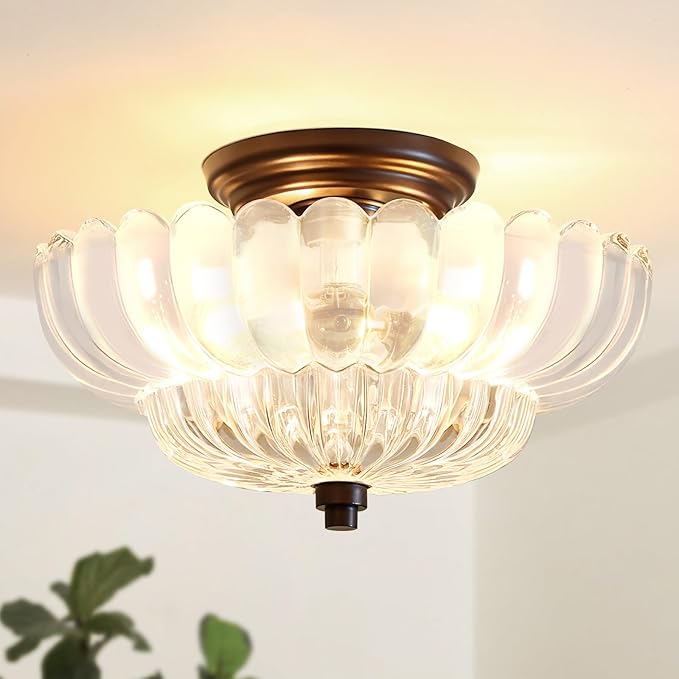 Semi Flush Mount Ceiling Light Fixture Vinatge Black Ceiling Lights Mid Century Modern Clear Glass Close to Ceiling Lighting Fixtures for Bedroom Hallway Foyer Bathroom Kitchen Laundry Room Nursery