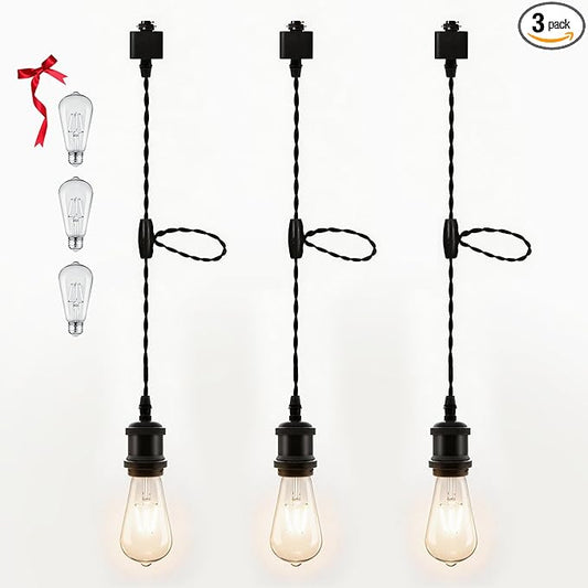 Universal H-Type Pendant Track Lights Kit with 3 Bulbs,3-Pack Black Track-Mounted Hanging Fixtures 4000K Natural Light Bulbs, E26 Socket for Kitchen Island and Dining Room