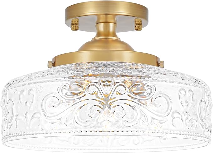 Gold Semi Flush Mount Ceiling Light, 3-Light Close to Ceiling Light with Globe Glass, Vintage Hallway Lights, Brass Closet Light Fixture, Kitchen Flush Ceiling Mount for Entryway Bedroom Bathroom,E12