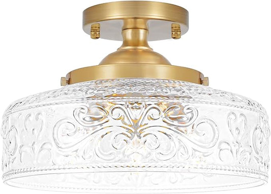 Gold Semi Flush Mount Ceiling Light, 3-Light Close to Ceiling Light with Globe Glass, Vintage Hallway Lights, Brass Closet Light Fixture, Kitchen Flush Ceiling Mount for Entryway Bedroom Bathroom,E12