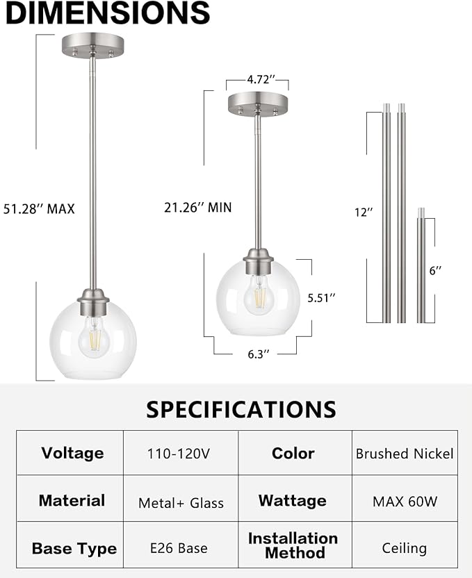 Modern Pendant Light Fixtures 2 Pack, Brushed Nickel Pendant Lights with Clear Glass Shade,Pendant Lights Kitchen Island, Kitchen Pendant Lighting Over Island, Hanging Lights for Kitchen