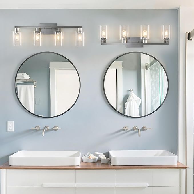 4 Light Bathroom Light Fixtures, Brushed Nickel Bathroom Vanity Light with Clear Glass Shade, Bathroom Lighting Fixtures Over Mirror, Vanity Lights for Bathroom Mirror