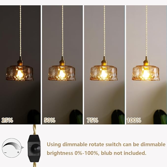 Glass Pendant Lights Kitchen Island Plug in Pendant Light with Dimmable Switch Amber Glass Lampshade for Bedside Dining Room Foyer, Brass