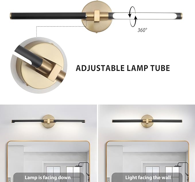 2026 Upgrade Black and Gold Vanity Light, 18W Brighter 24" Gold Bathroom Light Fixtures Linear Modern LED Bathroom Vanity Lighting Fixtures Over Mirror Light Bar Sconce, 360° Rotable 4000K CRI 90+