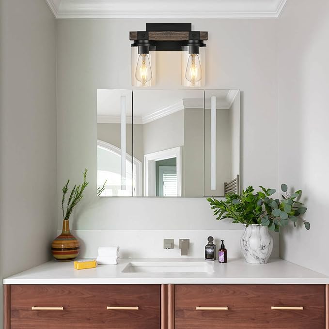 Farmhouse Bathroom Light Fixture Wood Black Vanity Lighting 2-Light Wooden Wall Sconce Industrial Rustic Wall Light Fixtures Over Mirror with Clear Glass Shade for Bathroom Hallway Kitchen Bedroom