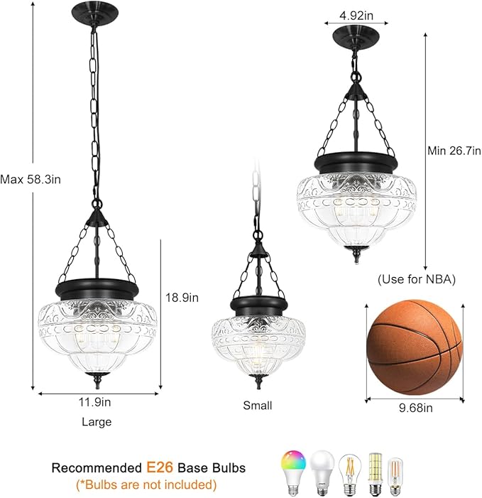 3-Light Matte Black Pendant Lights with 12In Floral Glass, Penant Lighting Fixtures with Adjustable Chain, Vintage Pendant Lights Kitchen Island, Hanging Light Fixtures for Dining Room, Entryway, E26