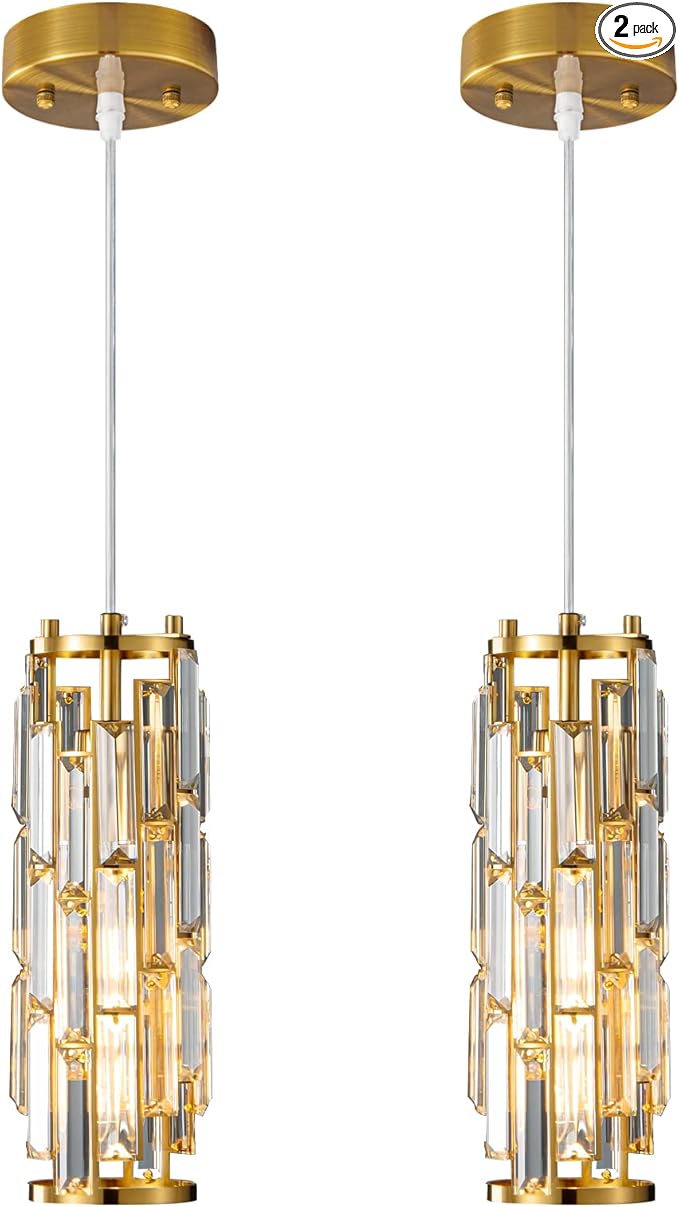 LMQNINE Pendant Lights Modern Gold Pendant Light Mini Crystal Chandelier Pendant Lighting for Kitchen Island Dinning Room Bedroom Kitchen Sink Lighting (Gold 2-Pack)