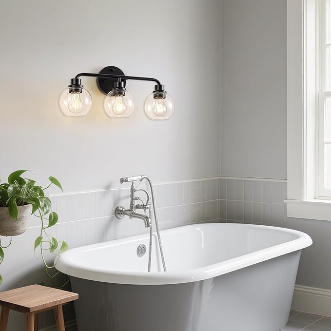 Bathroom Light Fixtures Black Vanity Light, 3 Light Modern Wall Sconces Lighting Bathroom Lights with Globe Clear Glass Shades, Bath Wall Lights Wall Lamp for Mirror Kitchen Living Room Hallway