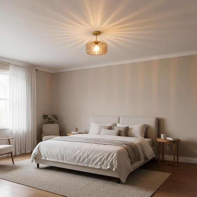 Amber Glass Flush Mount Ceiling Light Fixture, 11.02 Inch Modern Dome Light with Warm Gold Finish for Bedroom, Kitchen, Textured Glass Shade, Easy to Install, 1-Light E26 Socket