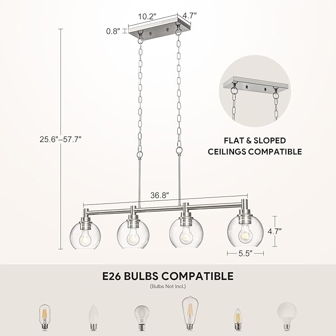 VONLUCE Dining Room Light Fixture Over Table, 4-Light Kitchen Island Lighting with Round Glass Shades & Adjustable Hanging Heights, Linear Chandlier for Dining Room Kitchen, Nickel, ETL Certificated