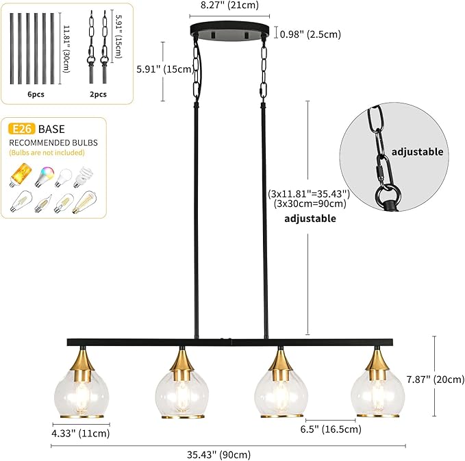Island Light for Kitchen, 4-Light Kitchen Island Chandeliers Black and Gold Linear Hanging Pendant Light, Matte Black Farmhouse Dining Room Light Fixture Over Table with Clear Round Glass Shades