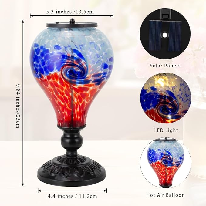 Outdoor Solar Lantern Waterproof Glass Table Lamp 9.8" H Hot Air Balloon Solar Lanterns Led Garden Lights for Patio Desk Garden Yard Tabletop Decor Ideal Gifts(Blue-Red)