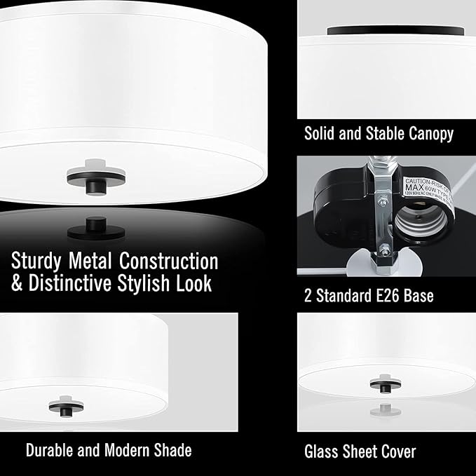 2-Light Flush Mount Ceiling Light Fixture, 12” Modern Close to Ceiling Light with White Fabric Drum Shade, Round Ceiling Light for Bedroom Hallway Living Room Bathroom Dining Kitchen