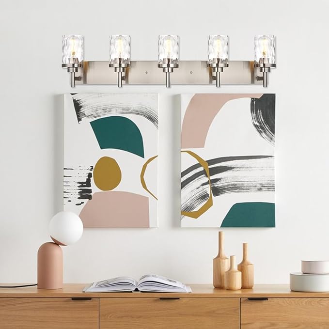Bathroom Vanity Lighting Fixtures 5 Lights,Brushed Nickel Bathroom Vanity Lights with Clear Hammered Shade Wall Sconce Lighting Modern Farmhouse Bath Lighting