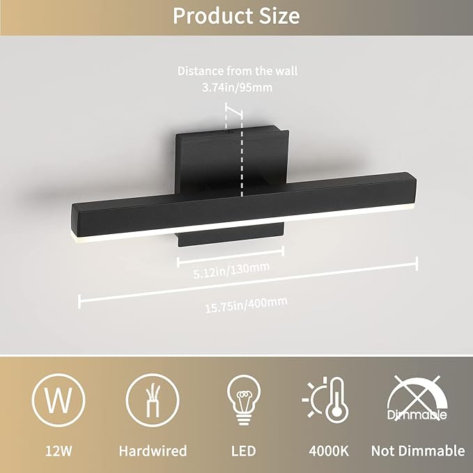 Joossnwell LED Bathroom Vanity Lighting Fixture Modern Bath Light Bar 15.75inch Black Wall Sconce 12W 4000K