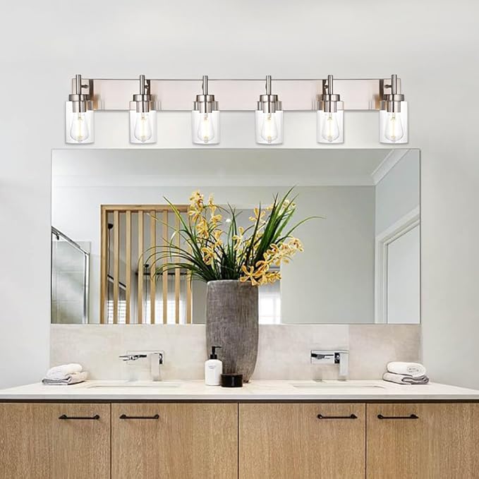 VINLUZ Bathroom Vanity Light Fixture Brushed Nickel with Clear Glass 6-Light Modern Wall Lighting Industrial Indoor Sconces Wall Mounted Lamp for Bedroom Kitchen (Patent No.: US D958,438 S)