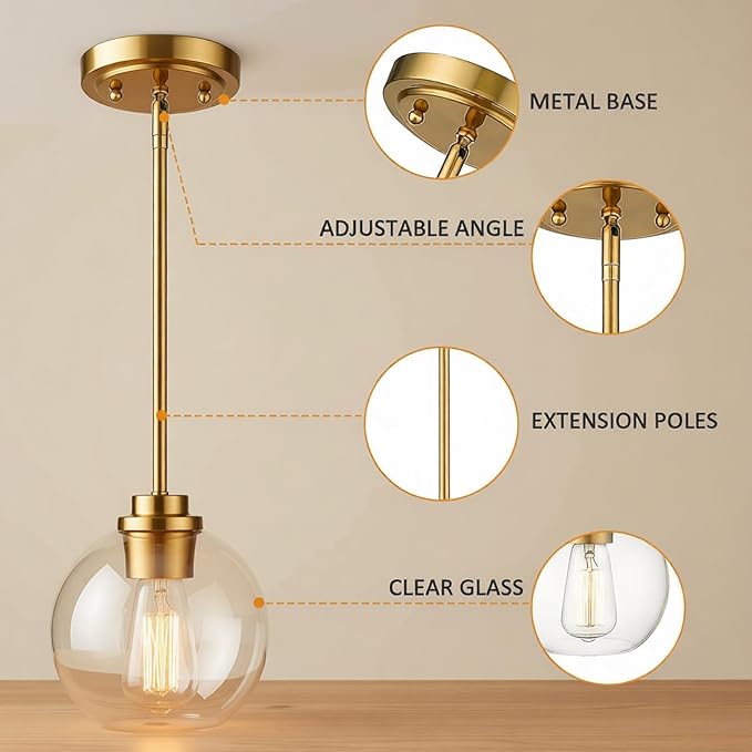 Gold Pendant Light, 7 Inch Clear Glass Farmhouse Hanging Fixture, Adjustable Height & Sloped Ceiling Compatible for Kitchen Island Dining Room Entryway Bedroom Hallway, 3 Pack