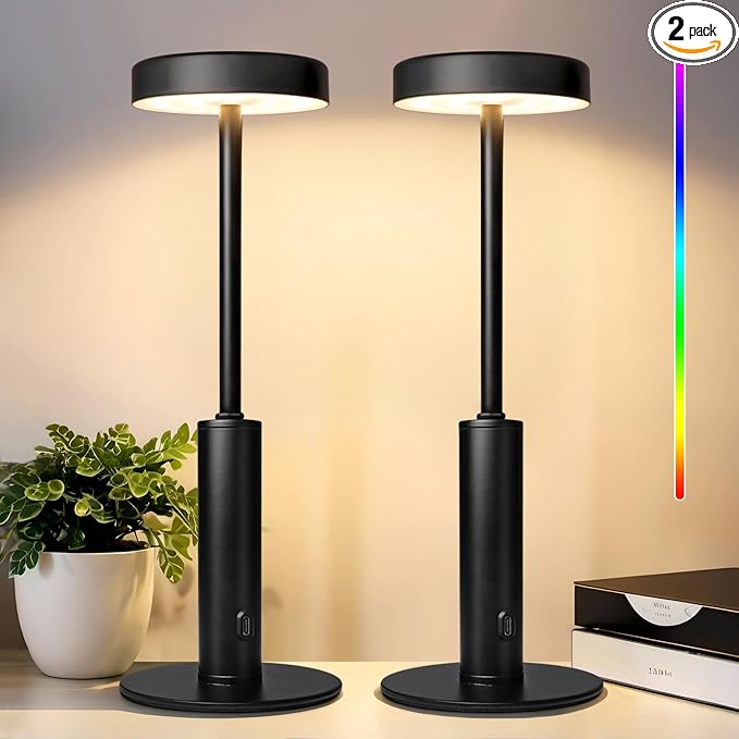 Wowag 2 Pack Small Cordless Table Lamps Rechargeable,5000mAh Battery Operated Portable Desk Lamp,3 Colors & RGB Stepless Dimmable Wireless Touch Lamps for Restaurant Home Dinner Dining Patio(Black)